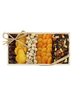 From the Hoilday Collection. Held in an artisanal wooden box, this tray of of dried fruits and nuts 