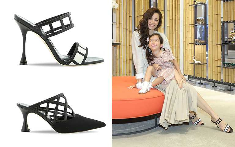 （上、瑞莎穿著）ABEY黑白相間格紋高跟鞋/NT34,800，（下）ASALA LINEN BLACK/NT37,800（圖／藍鐘提供）