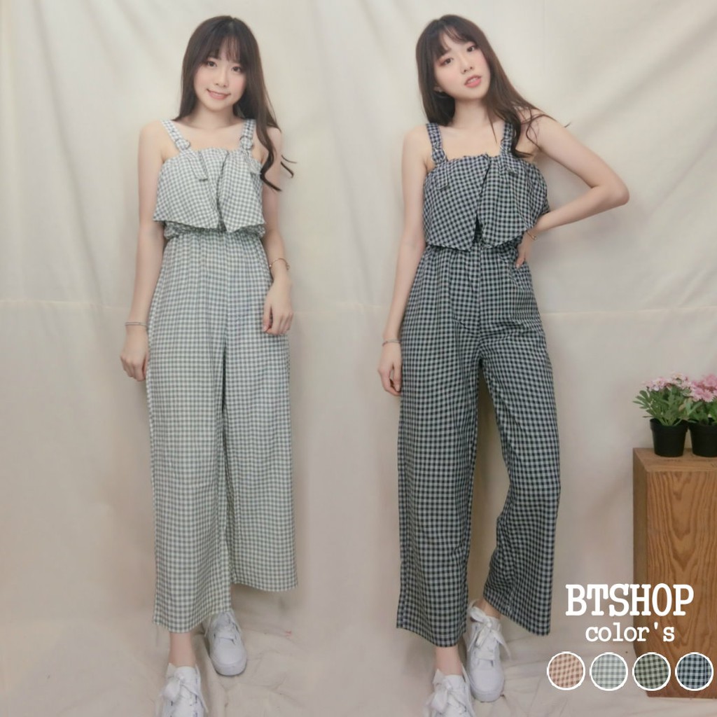 格子鐵扣連身褲 【B00609】連身褲 格子連身褲 吊帶連身褲 連身長褲 格子褲 寬褲 吊帶 格子長褲 BTSHOP