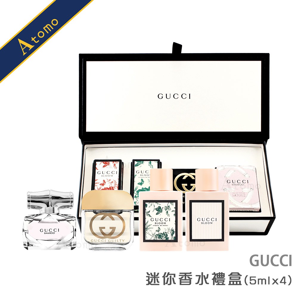 鳶尾根、金銀花品 牌：GUCCI 商品名稱：GUCCI 迷你香水4件套裝 (5mlx4)規格說明：5mlx4產 地：義大利貨 源：平行輸入保存期限：60個月使用方法：直接噴撒於手挽內側或耳後肌膚，即可