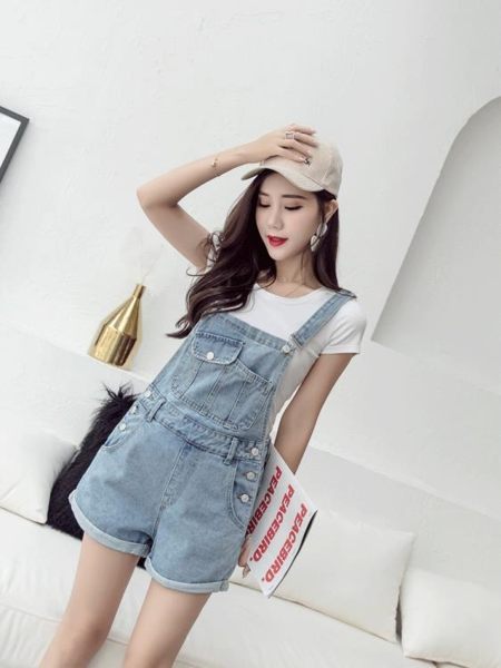 卷邊高腰牛仔背帶短褲女熱褲2018夏季韓版寬鬆顯瘦學生吊帶褲 迪澳安娜