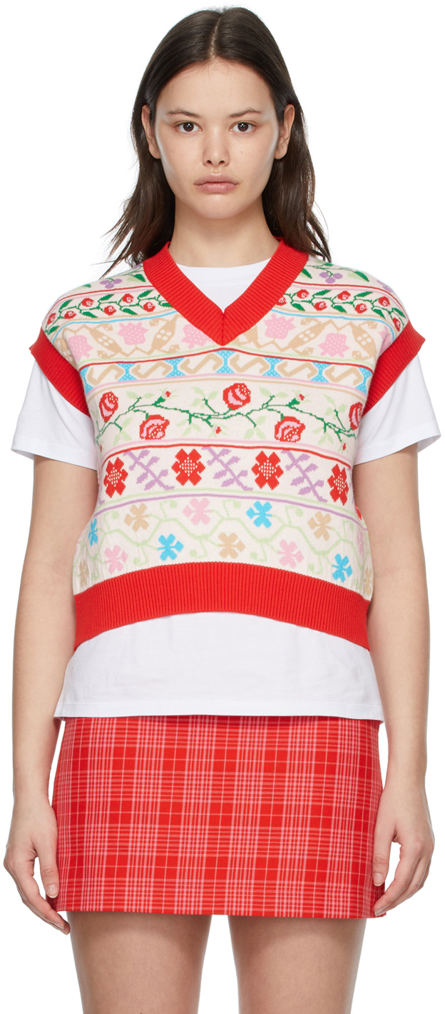 多色提花图案无袖马甲。· 红色罗纹针织 V 领、袖孔和下摆供应商配色：Red/Multicolor