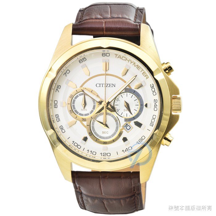 【CITIZEN】星辰簡約三眼運動皮帶錶-白面金框 / AN8043-05A