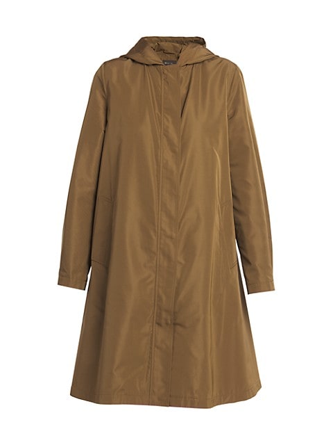 This technical poly-blend silk rain jacket has a drawstring hooded cut and feminine flare hem creati