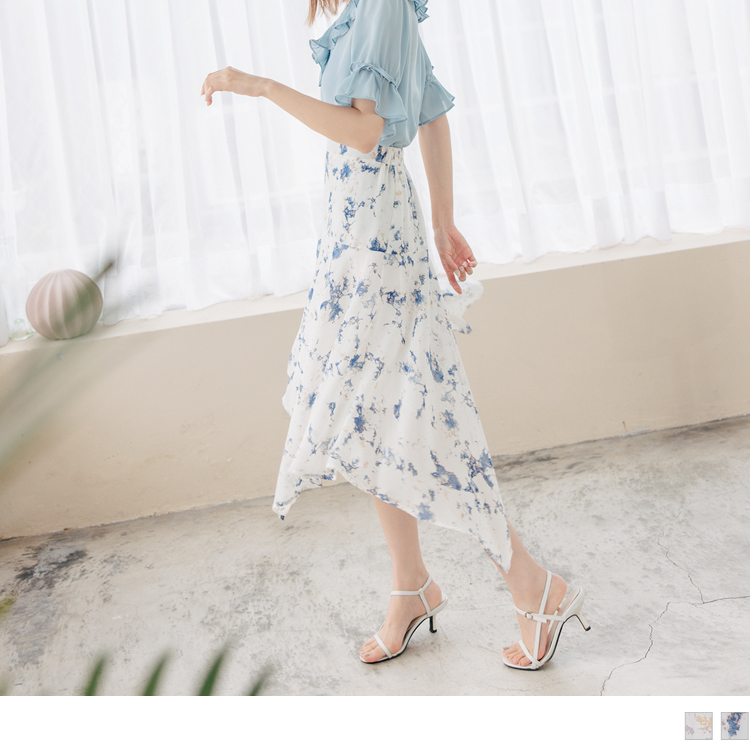 質感潑墨渲染印花不規則下襬長裙