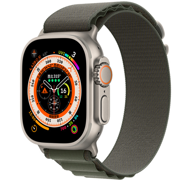 Apple Watch Ultra (GPS + 行動網路)；49 公釐鈦金屬錶殼；綠色高山錶環 - L 鈦金色
