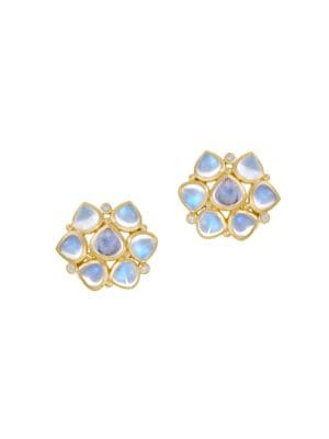 A pretty cluster of luminous royal blue moonstone and sparkling diamonds set in radiant 18k gold. ; 