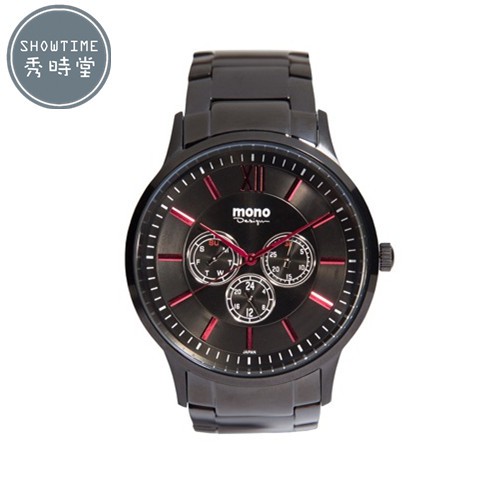 [ 秀時堂 ] 曼諾MONO 三眼多功能羅馬時刻腕錶-鋼帶/黑紅面黑 3200IP-456-02