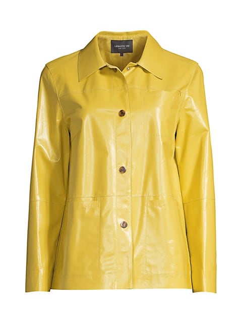 Smart tortoiseshell snaps enhance this seam-detailed leather jacket in an easy-to-wear silhouette.; 