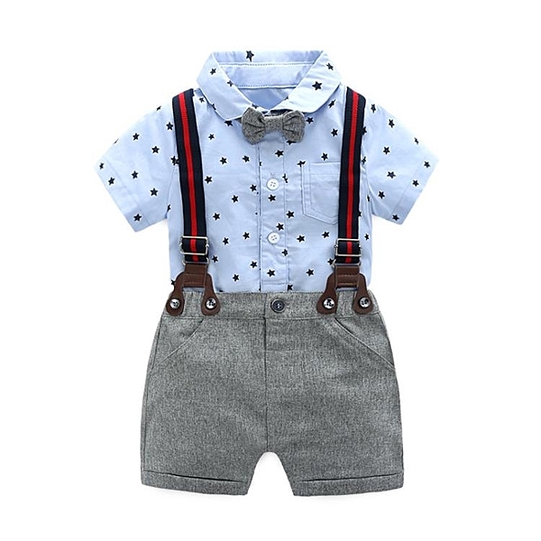 嬰兒夏裝男寶寶背帶褲西裝伸士領結0-1歲滿月百天周歲禮服潮