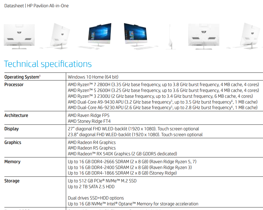 HP Pavilion AIO 規格表透露 Ryzen 5 2600H 和 Ryzen 7 2800H 時脈與快取資訊