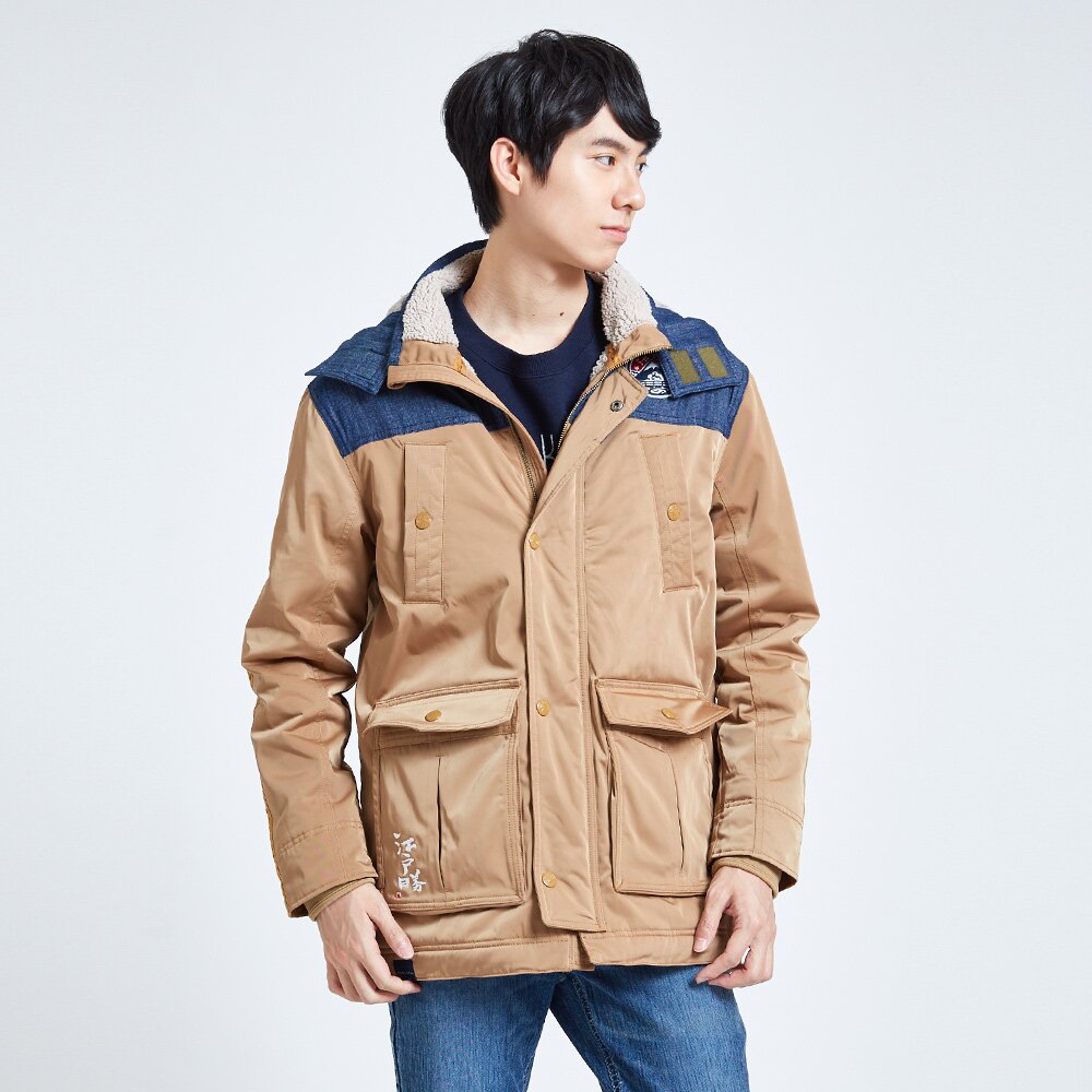 EDOKATSU江戶勝 丹寧剪接羊羔毛 防寒外套-男款 灰卡其