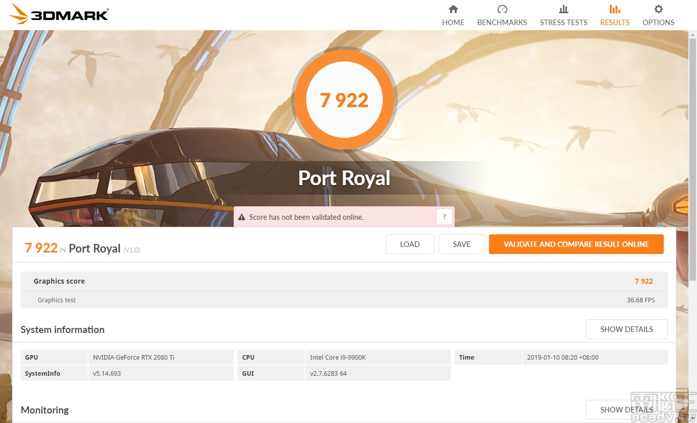 GeForce RTX 2080 Ti Founders Edition 執行 Port Royal 可得 7922 分、36.68FPS