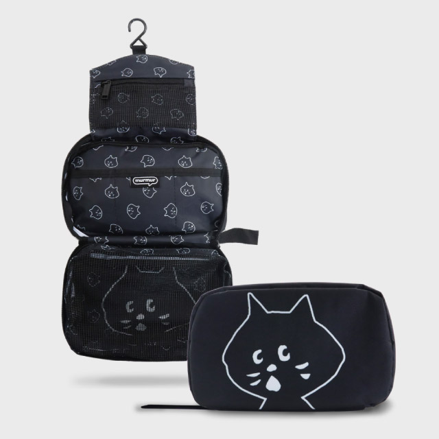 murmur x NYA- 聯名款 一包三摺收納，輕便、收納一目了然貼心小設計：掛勾及手挽帶，隨身攜帶好便利外層防潑水面料最上層可放：水盒、棉花棒、美容小剪刀、保養品隨身試用包中層兩層收納，內層可放：