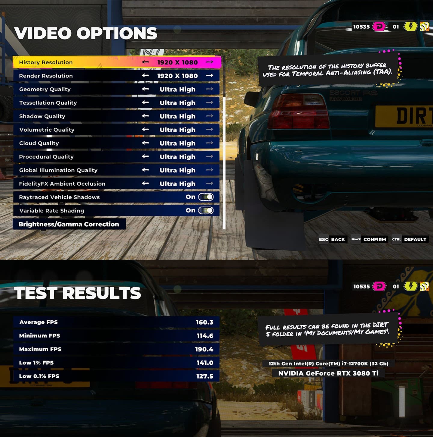 遊戲《Dirt 5》將解析度設置至 Full HD，內建效能測試運行後獲得平均 160.3 fps 的成績。
