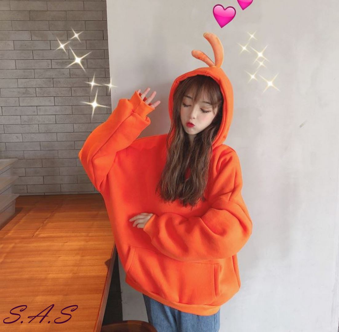 刷毛加厚兔子連帽大學T 可愛寬鬆天線寶寶帽T oversize帽T 素色上衣 寬鬆大碼連帽T 兔子連帽寬鬆大學T 565