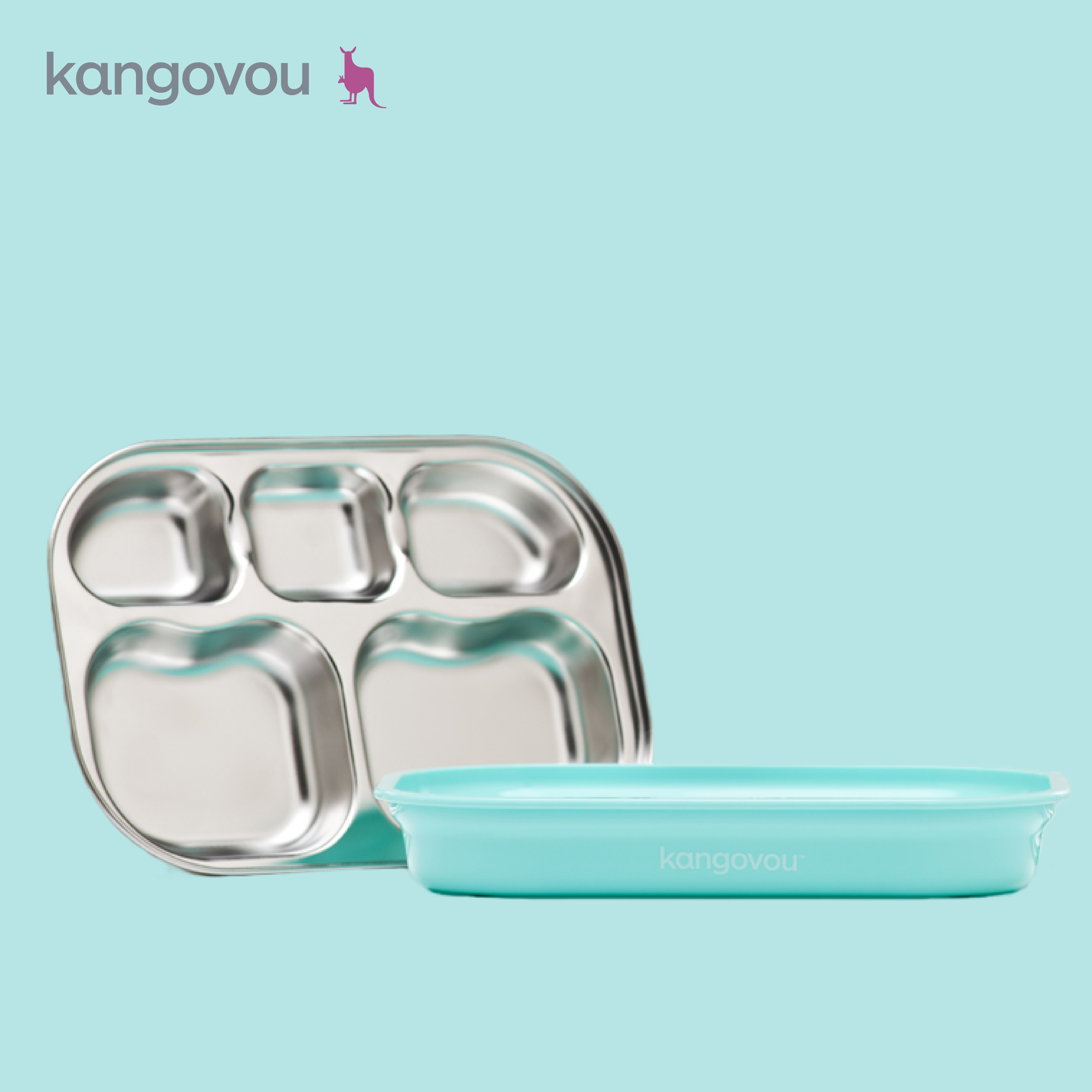 分隔餐盤【薄荷綠】-美國 Kangovou小袋鼠不鏽鋼安全餐具