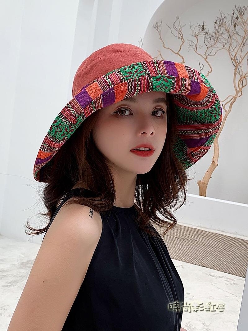 民族風漁夫帽雙面戴女士新款大檐遮陽帽可折疊文藝旅游度假防曬帽