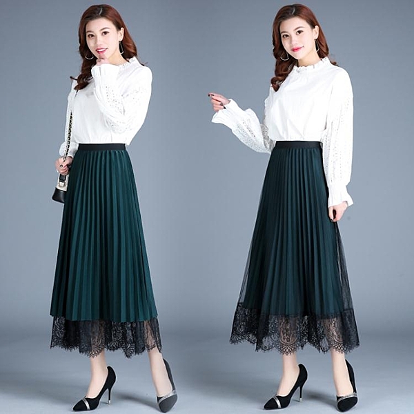 兩面穿半身裙秋冬季女裙子新款蕾絲百摺裙中長款a字長裙紗裙
