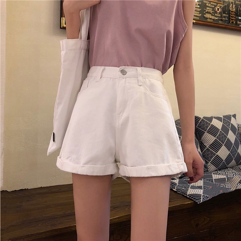 顯瘦 熱褲 牛仔短褲 高腰百搭丹寧熱褲 休閒褲 黑褲 闊腿褲 高腰短褲 韓版ins百搭卷邊高腰淺色純色修身牛仔短褲女褲潮