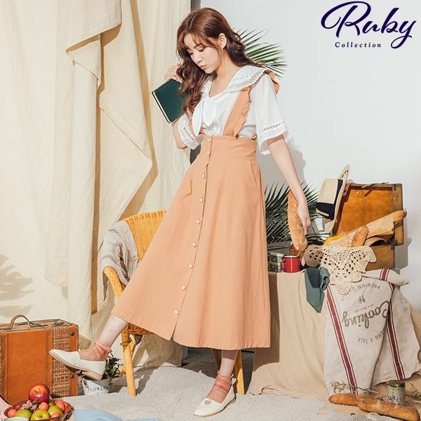 裙子 荷葉排扣後鬆緊吊帶長裙-Ruby s 露比午茶