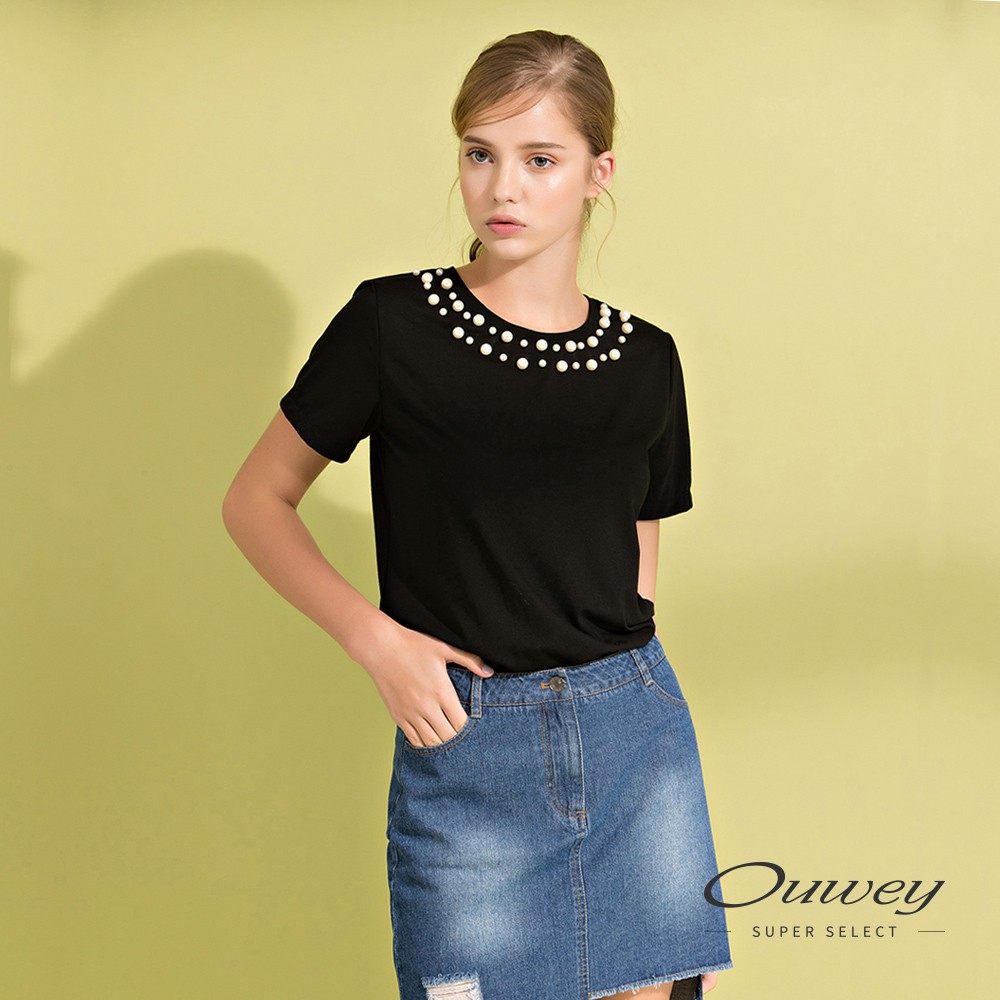 OUWEY歐薇 珍珠造型百搭T-Shirt(黑/白)H01124