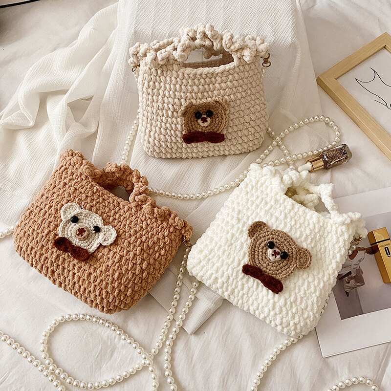 DIY包包 手工編織包包小熊斜背包毛線鉤針diy材料包自己製作可愛少女包包『XY19859』