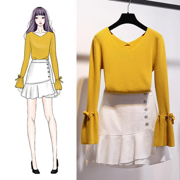 VK精品服飾 韓系喇叭袖系帶V領毛衣排扣魚尾套裝長袖裙裝