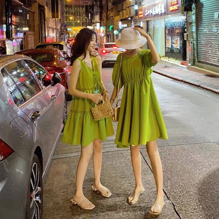 韓國 閨蜜裝 仙女超仙森系雪紡連衣裙 小清新牛油果綠裙 2019春夏-BIKU/B酷