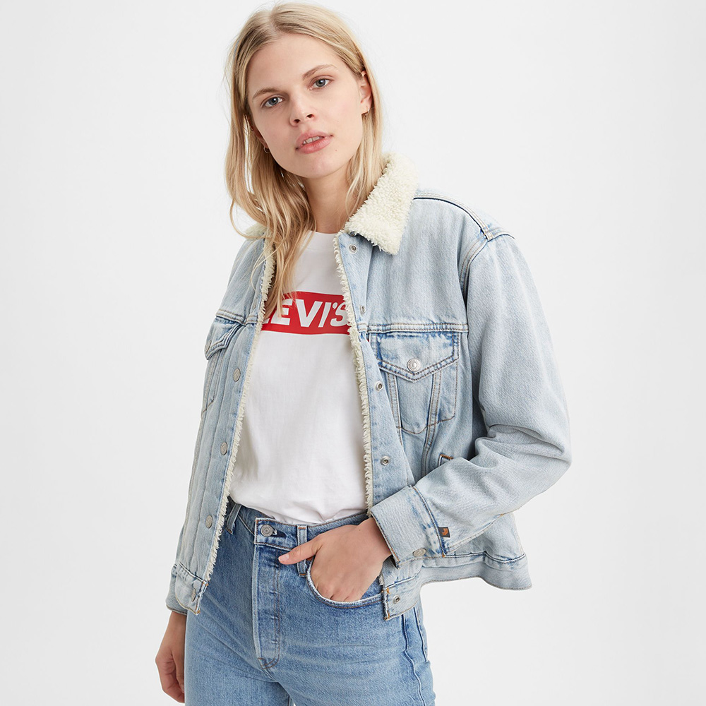 Levis X Google 女款 第二代Jacquard 智慧牛仔外套 / Boyfriend寬鬆版型 / Sherpa棉花絨 / 淺藍水洗-人氣新品