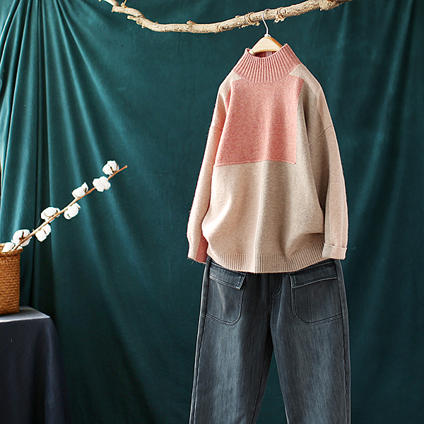 柔滑軟糯撞色拼接半高領毛衣寬鬆加厚針織衫