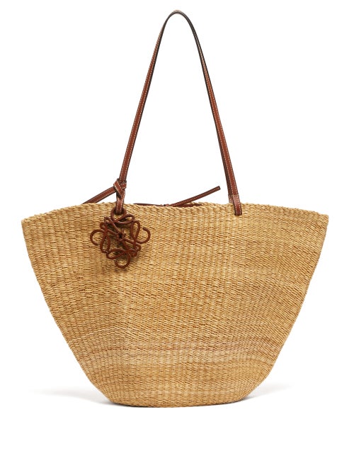 Loewe - Shell Large Leather And Raffia Basket Bag - Womens - Beige