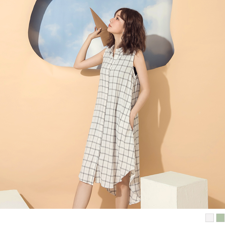 格紋涼爽前短後長排釦襯衫領長版無袖洋裝/罩衫