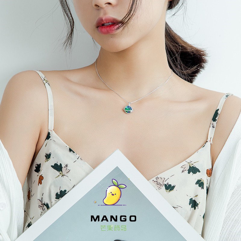 【滿額免運】漸變藍綠地球色夢幻可愛星球S925純銀項鏈鎖骨鏈情人禮物女 項鏈 頸鏈 鎖骨鏈 T651