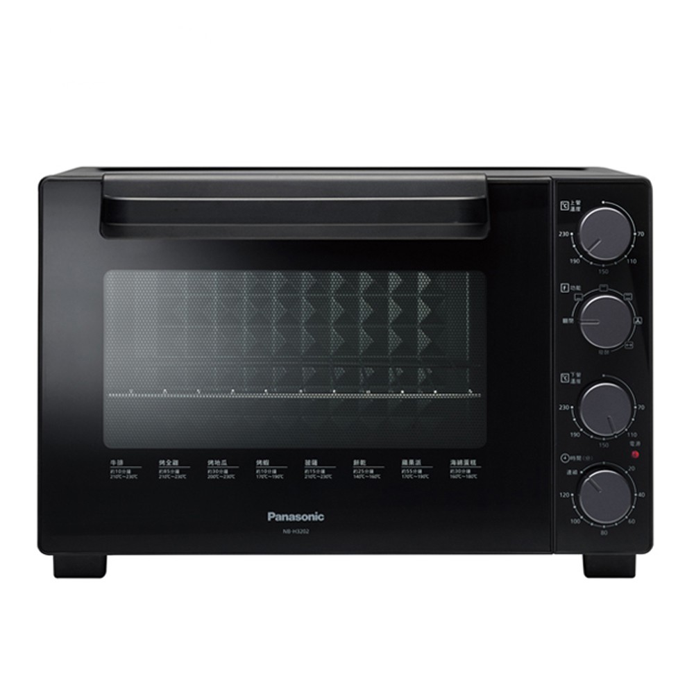 #NB-H3202#NBH3202 商品特色： ＊雙層強化隔熱門安全再升級 ＊全新黑色外觀設計，時尚曜黑色，鏡面玻璃高質感 ＊上下獨立控溫，滿足多種烘培需要 ＊『烘焙』、『燉類』、『焗烤』 ＊發酵功能