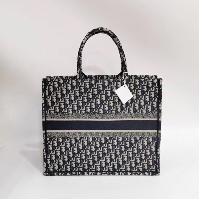 【Go時尚】DIOR 海軍藍色 Oblique BOOK TOTE 帆布 刺繡 大款 購物 托特包