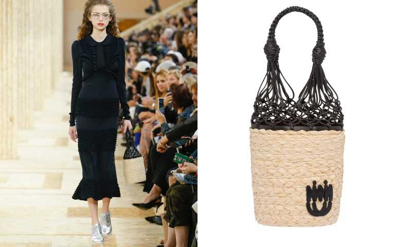 將多種元素重組，創造出嶄新的水桶包形式。MIU MIU 藤織與網面皮革水桶袋／44,500元（圖／品牌提供）