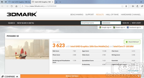 PCMark 10測試 模擬網頁瀏覽、文書工作、視訊會議、多媒體影音播放等情境進行綜合評分，在基本測試模式中獲得3,623分。