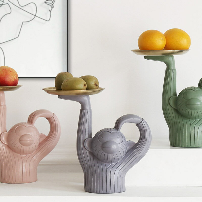 北歐家居擺件可愛ins創意樹脂裝飾品莫蘭迪色系客廳猴子收納托盤造型花盆造型花器 家飾 擺飾