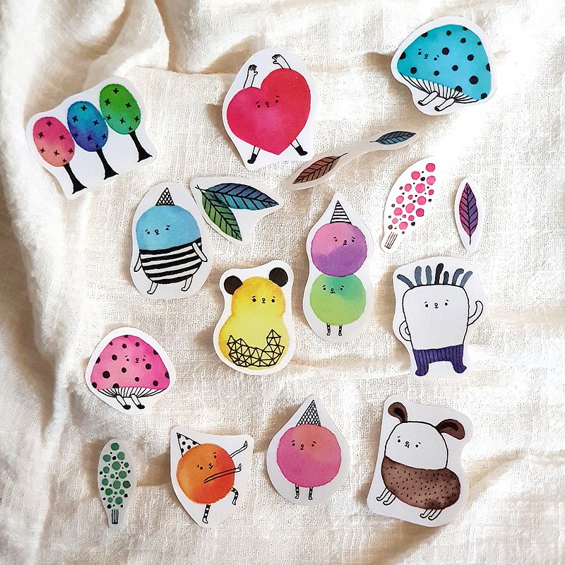 貓王不討喜筆下的奇怪水彩生物╱防水透明貼紙╱手帳筆記本適用╱也可貼於水杯不掉色╱套組內有17張╱Made in Taiwan