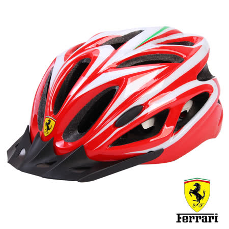 *法拉利正版授權 *超輕一體成型結構 *優選材質採用高密度EPS安全包覆 *頭墊內裡舒適透氣,排汗不悶熱 *尼龍織帶可調節 *頭圍尺寸調節，增加防護不鬆脫 *流線型頭盔，色彩時尚