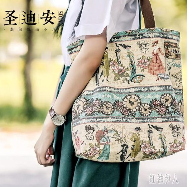 原創文藝帆布包女手提包小清新韓版帆布袋拉鏈印花單肩包手提環保袋 PA6815『紅袖伊人』