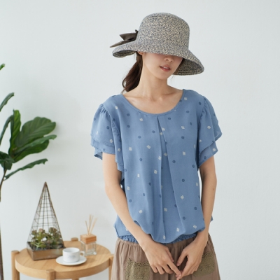 慢 生活 印花縮口混紡上衣- 白