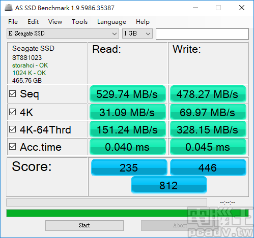 AS SSD Benchmark，Barracuda SSD 500GB 獲得 812 分