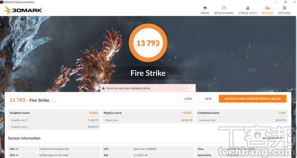 3DMark Fire Strike模式以DirectX 11為基準測試，針對桌機顯卡測試的模式，獲得13,793分。