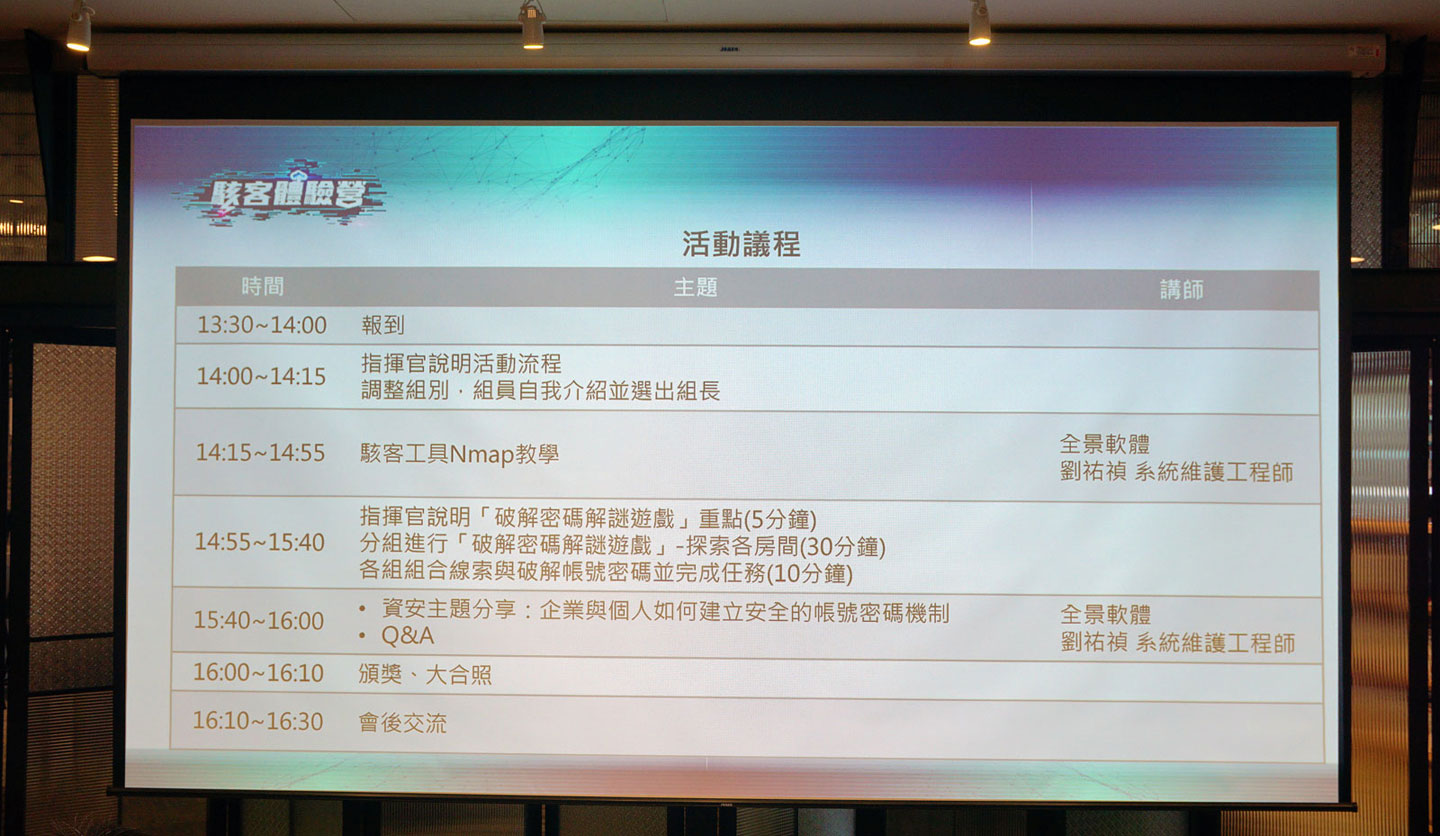 投影幕上也詳細地說明了今日活動的議程安排，雖然只有兩個半小時，但看起來內容很豐富啊！