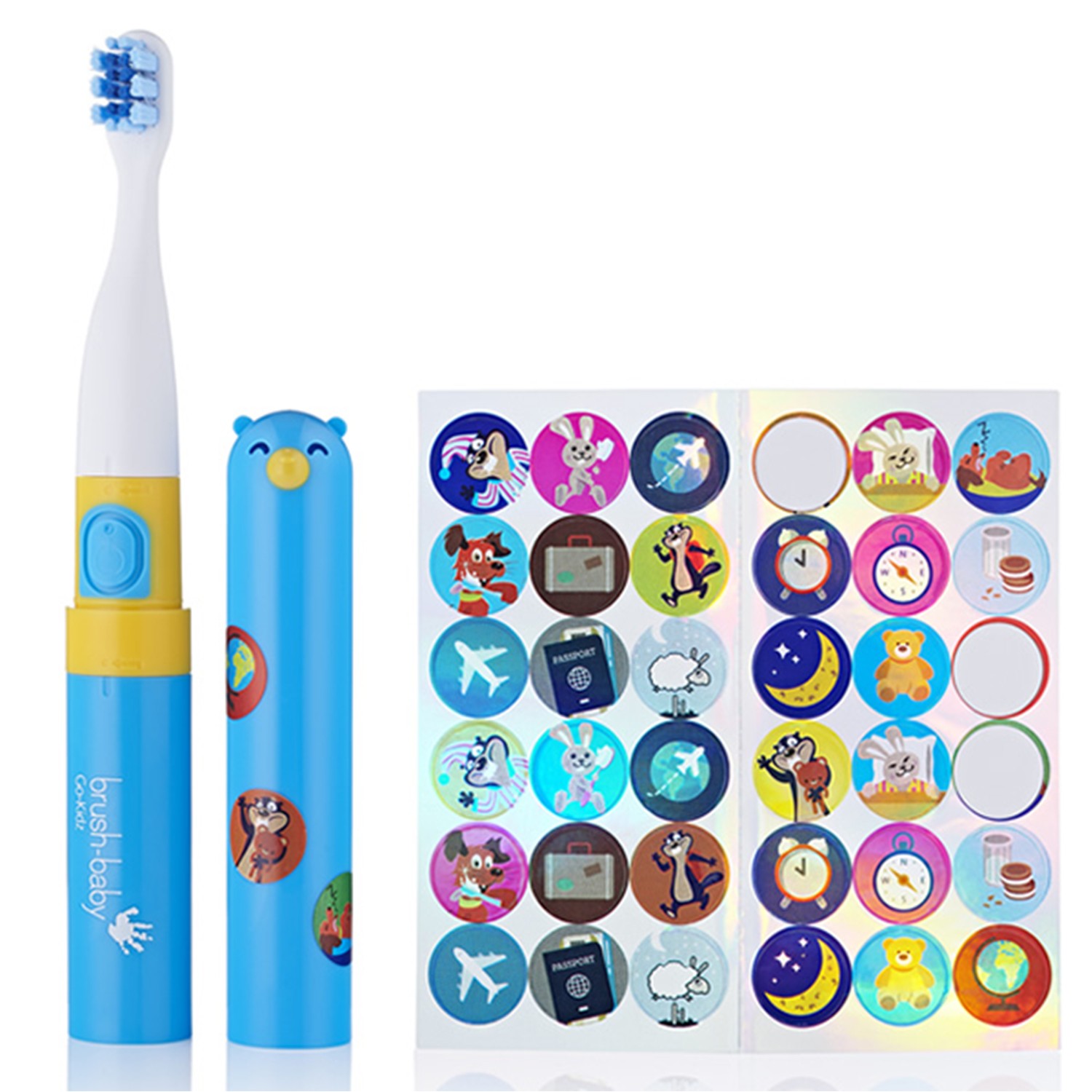 英國 brush-baby 。GoKidz攜帶型電動牙刷出遊、幼稚園刷牙專用。可收納上蓋套隔離髒污保持背包乾淨。自動計時 2 分鐘振動刷牙。2 種振動模式溫和清除牙垢。一般牙齒每分鐘11000振動、敏