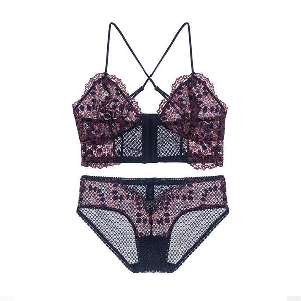 無鋼圈成套內衣免運●浪漫收藏家 法式前開扣雙層蕾絲超薄透明 ●預購米白紫色 [U1731 ]朵曼堤