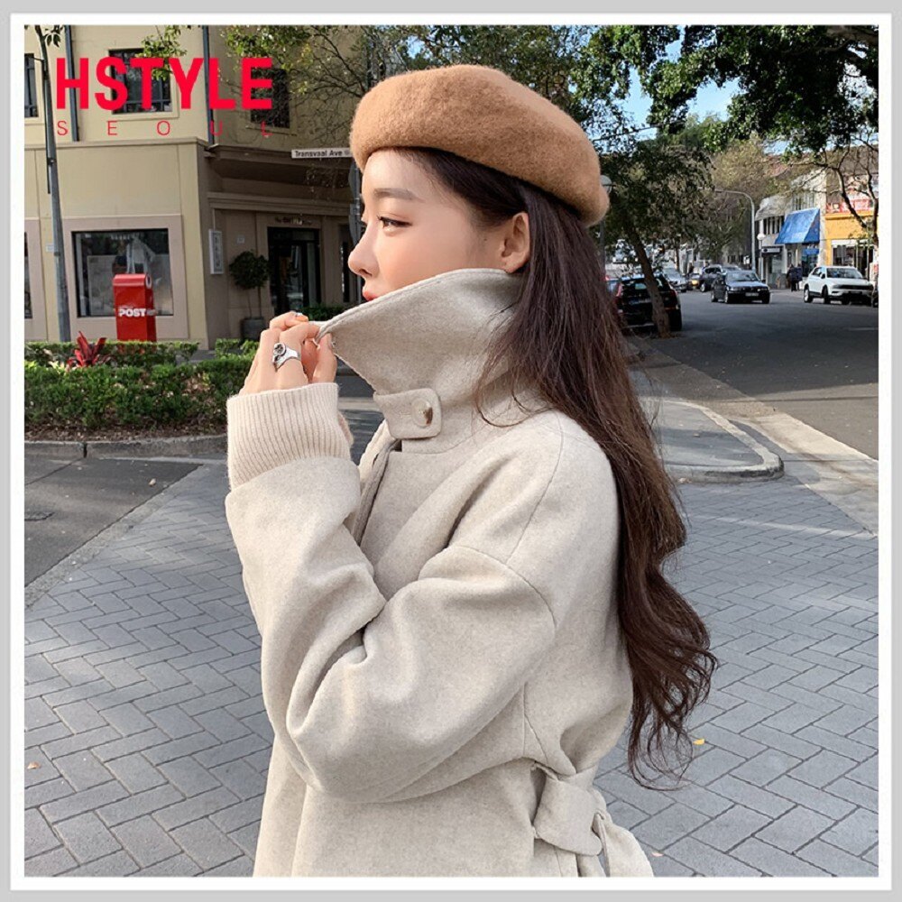 毛呢外套 立領開叉繫帶毛呢長大衣LU9002.-創翊韓都