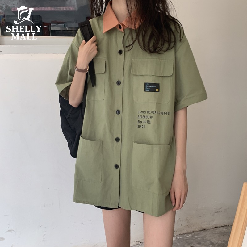 [希希家] 襯衫 寬鬆襯衫 男友風 情侶款 韓版寬鬆口袋印花字母工裝襯衣女上衣 開衫 短袖襯衫 休閒女襯衫 女生衣著